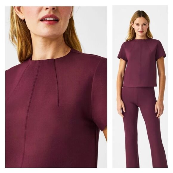 NWT Spanx Perfect Short Sleeve Funnel Neck Top Size Small Ponte Knit Chianti Red - Picture 1 of 10